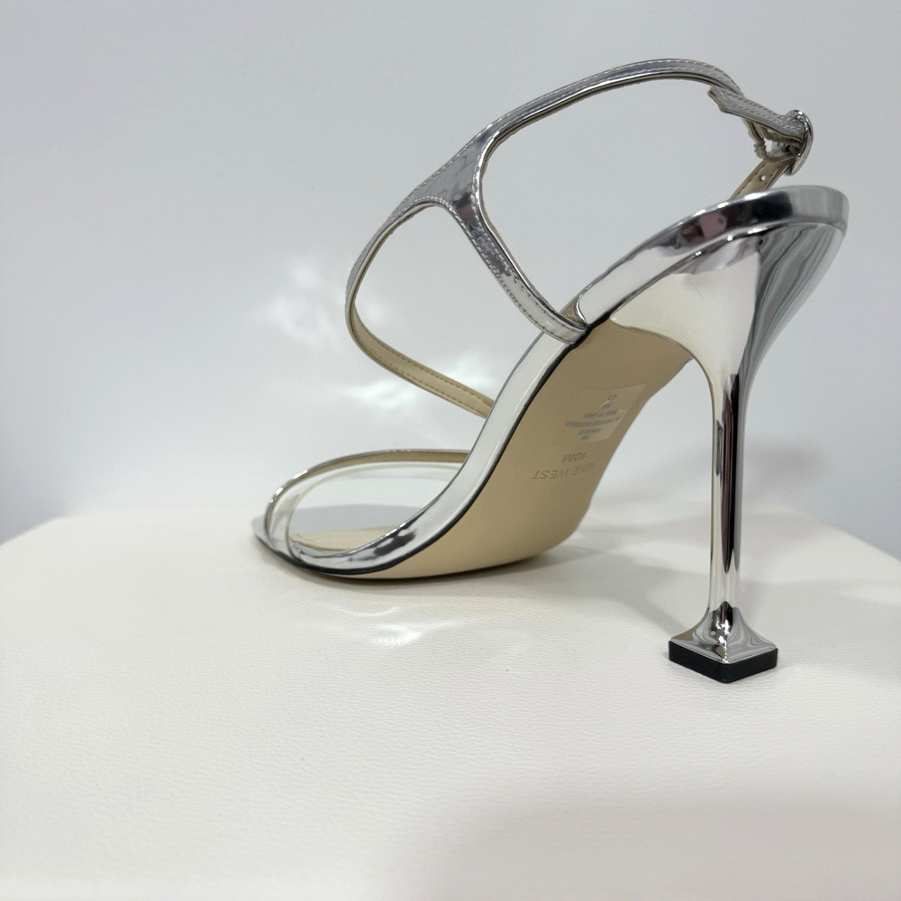 Nine West Heels Pumps Silver Faux Leather Stiletto Open Toe Wo's Size 10 - Picture 5 of 14